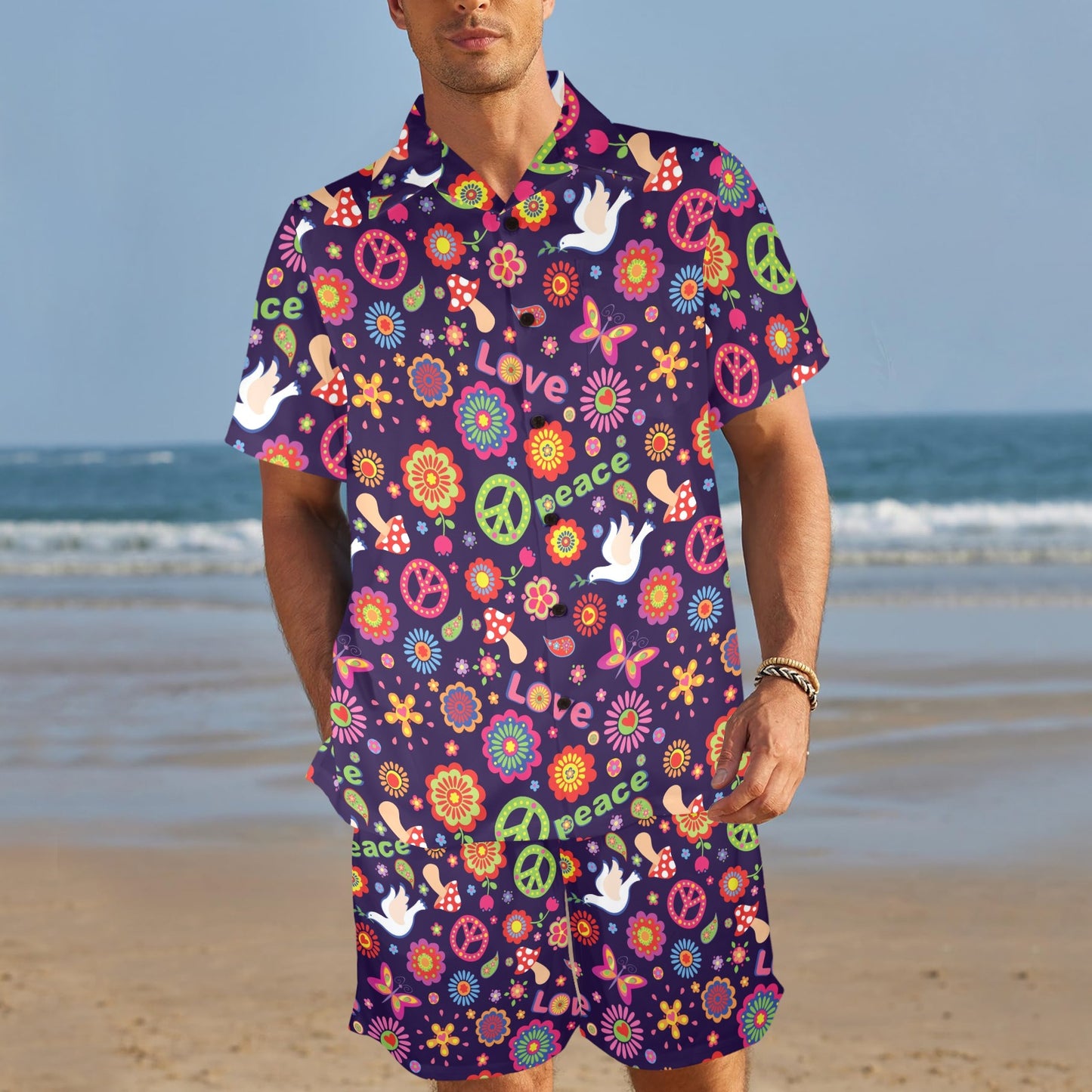 Flower Power Peace Design Print Men's Beach Shirt and Shorts Set