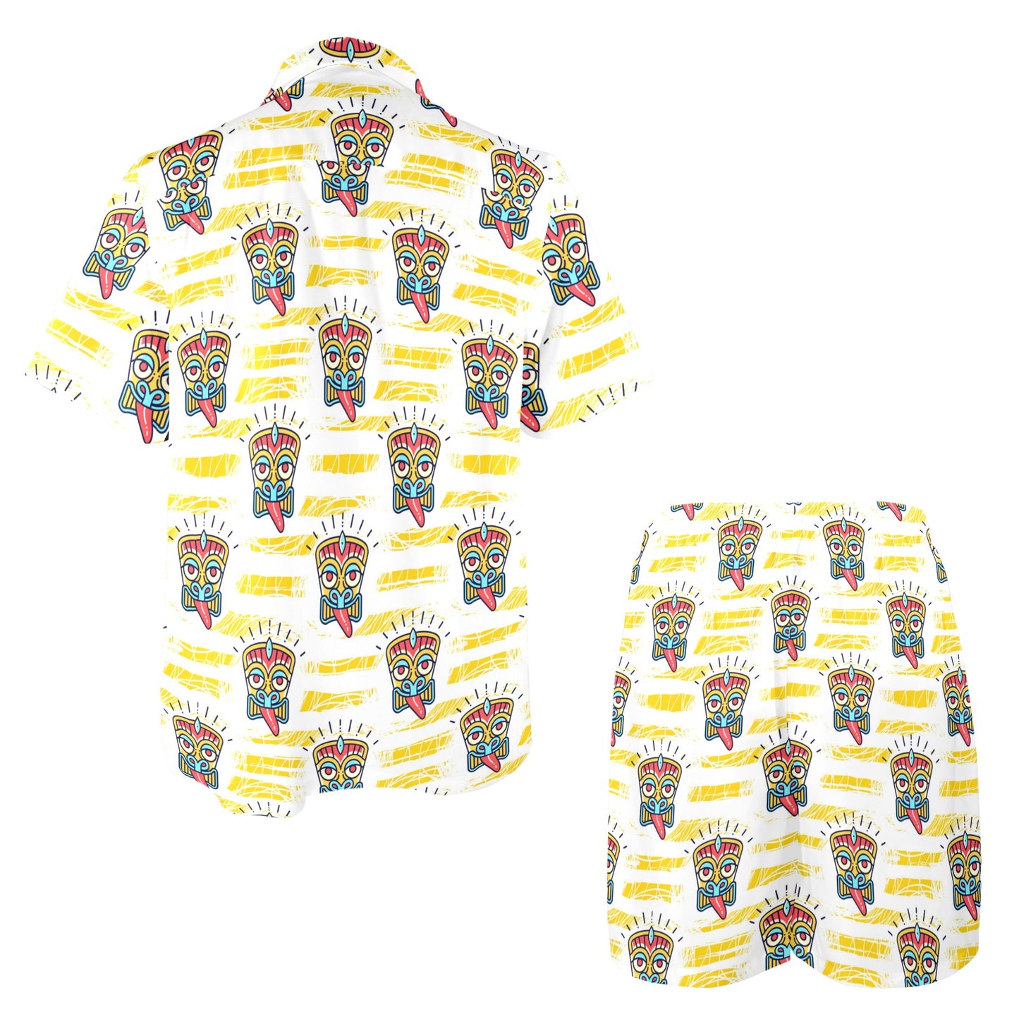 Tiki Smile Mask Print Pattern Men's Beach Shirt and Shorts Set