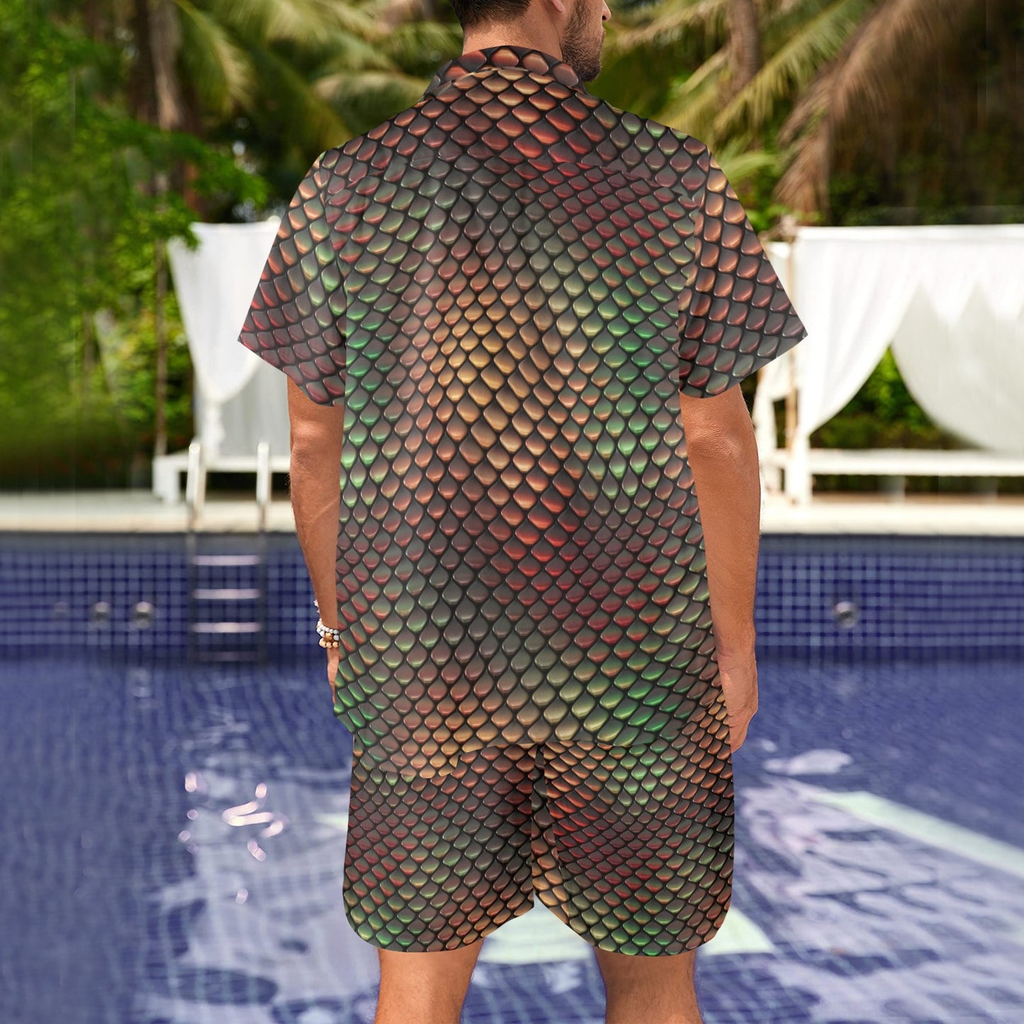 Snake Skin Colorful Print Men's Beach Shirt and Shorts Set