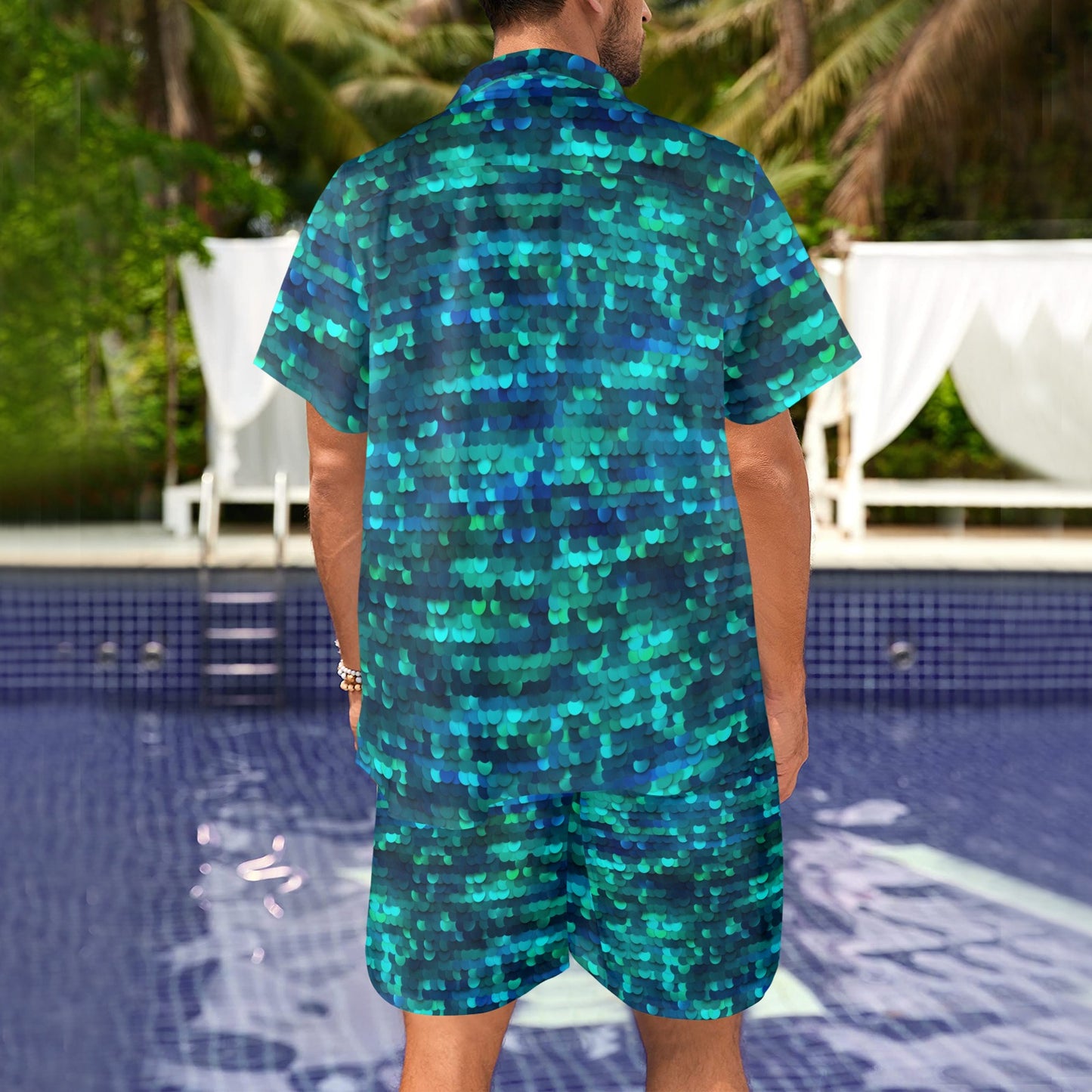 Mermaid Scales Pattern Print Design 06 Men's Beach Shirt and Shorts Set