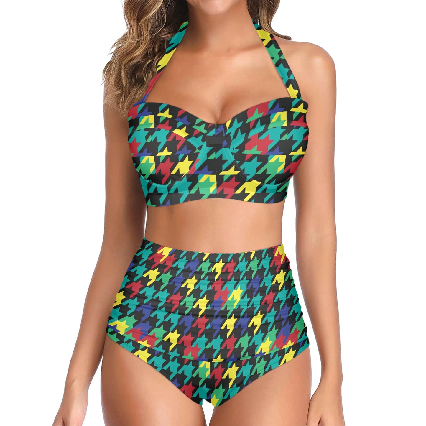 Houndstooth Colorful Pattern Print Design 02 Halter Neck Bikini Swimsuit