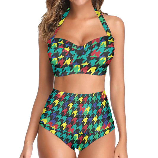 Houndstooth Colorful Pattern Print Design 02 Halter Neck Bikini Swimsuit