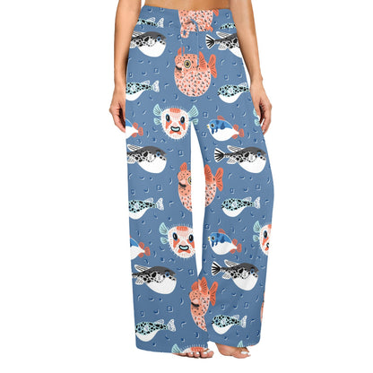 Fugu Pattern Print Design 02 Women's Wide Leg Lounge Pants