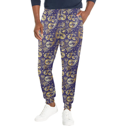 Paisley Blue Yellow Design Print Men's Casual Track Pants