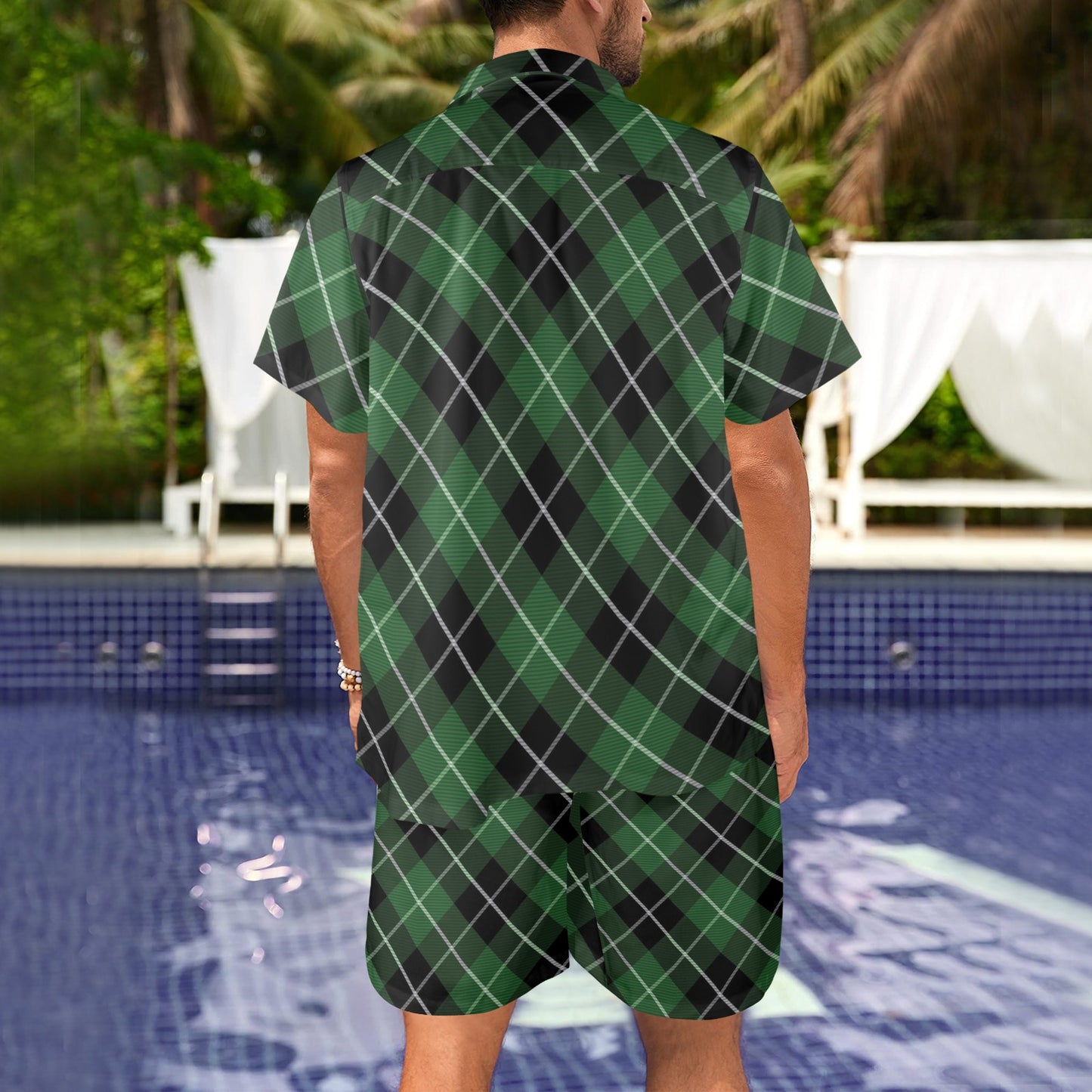 Plaid Green Pattern Print Design A05 Men's Beach Shirt and Shorts Set