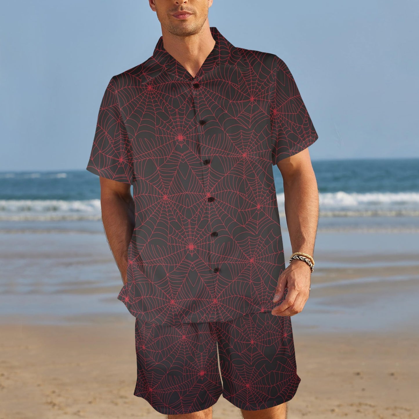 Spider Web Red Print Design LKS302 Men's Beach Shirt and Shorts Set