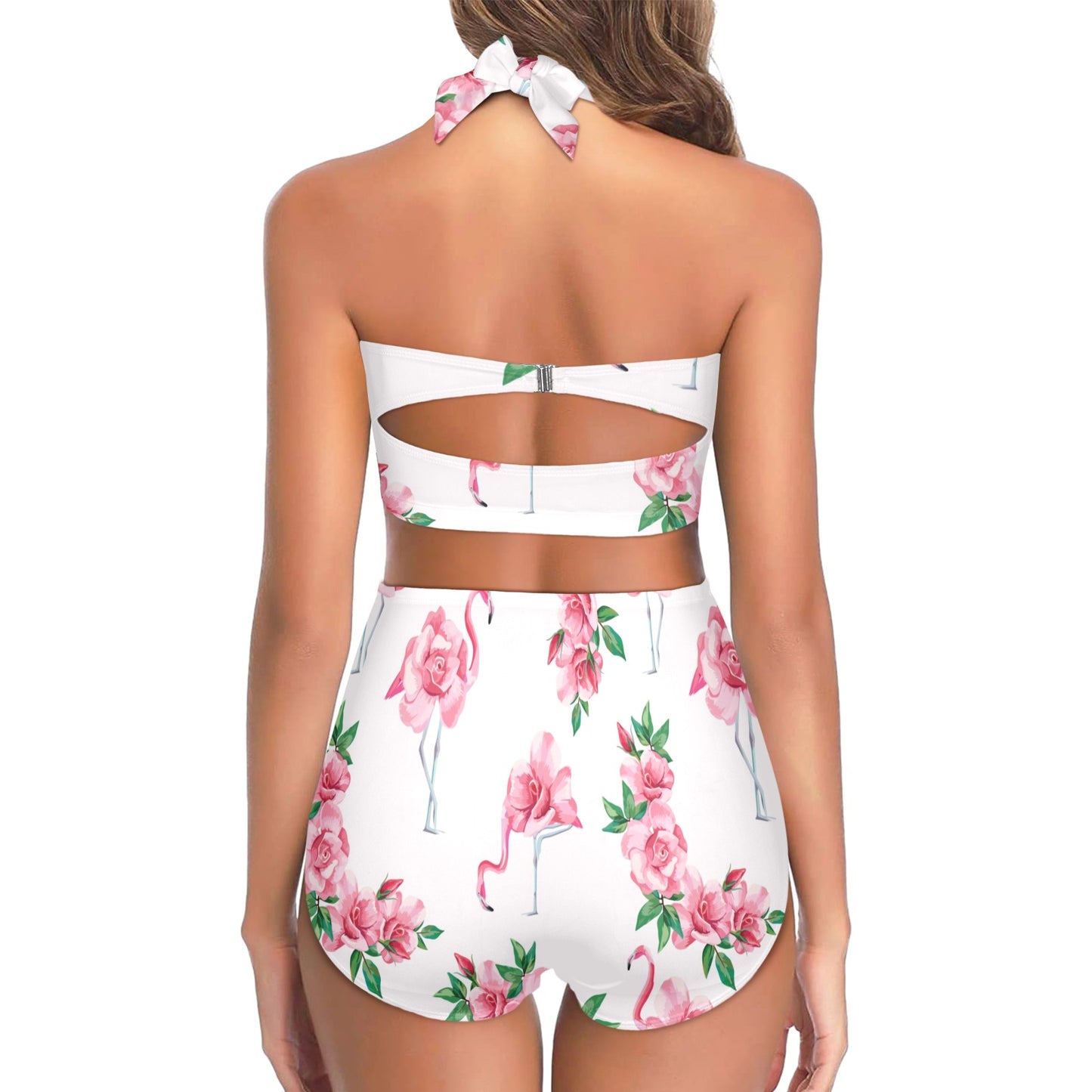 Flamingo Rose Pattern Halter Neck Bikini Swimsuit