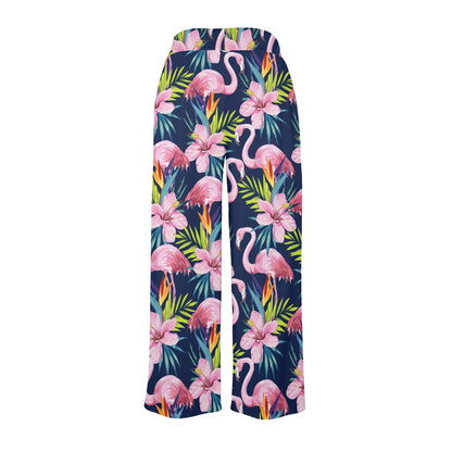Flamingo Hibiscus Print Women's Wide Leg Lounge Pants