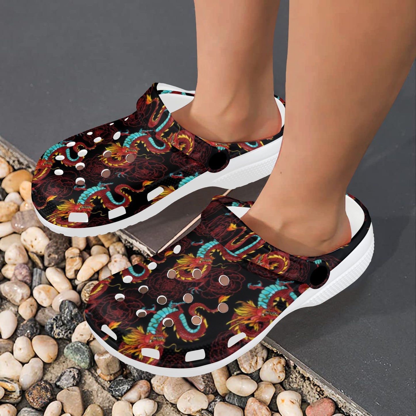 Chinese Dragons and Peonies Design Unisex Clogs Shoes
