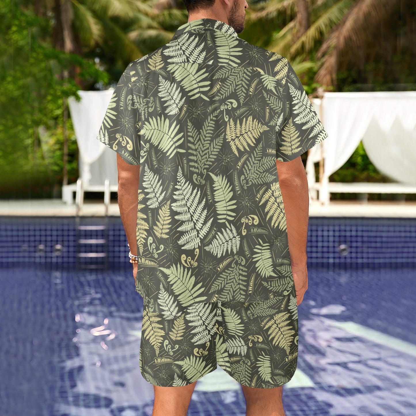 Fern Leave Green Print Pattern Men's Beach Shirt and Shorts Set