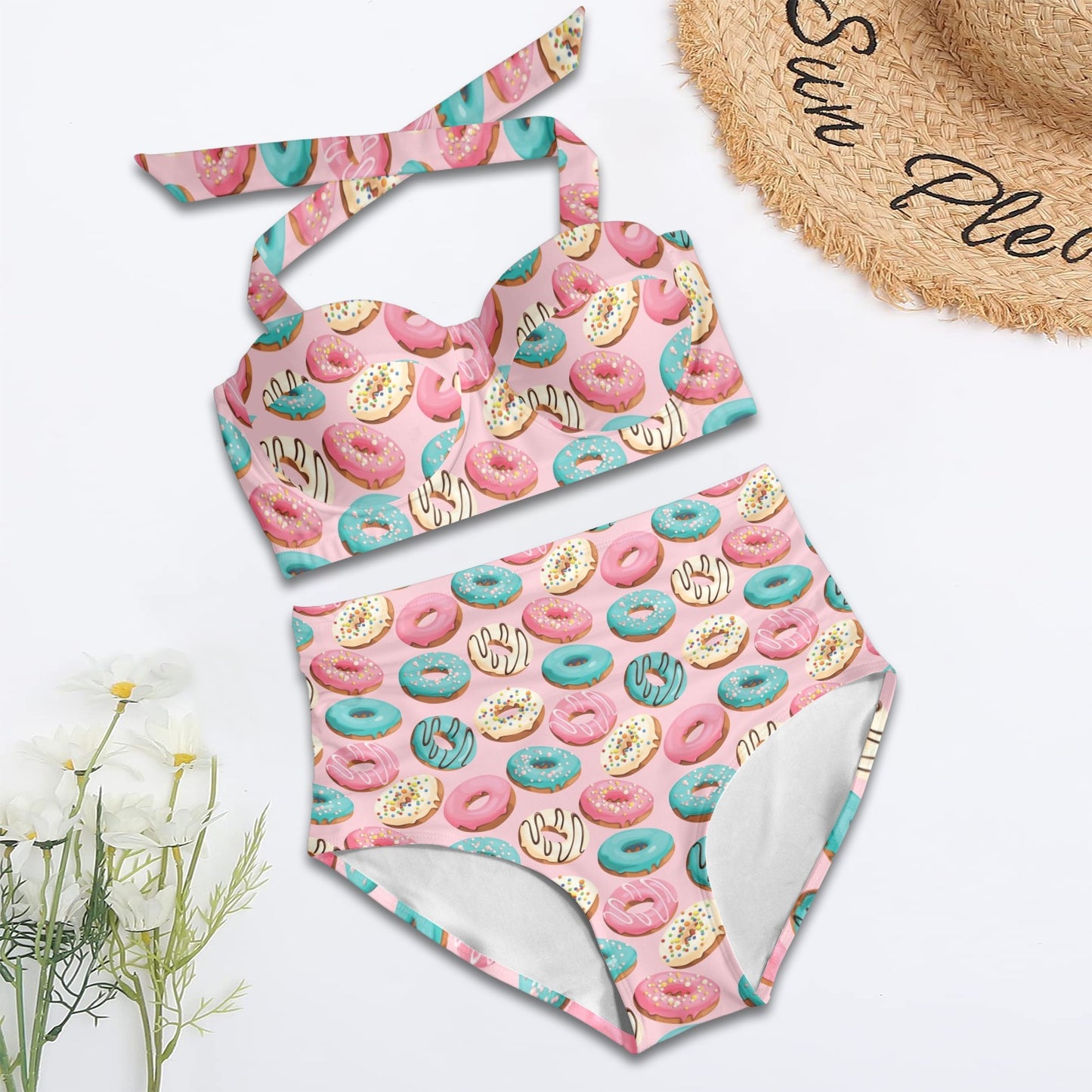 Donut Pattern Print Design DN06 Halter Neck Bikini Swimsuit
