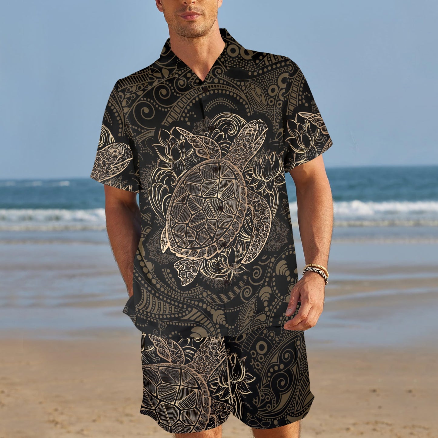 Polynesian Sea Turtle Hawaiian Mandala Men's Beach Shirt and Shorts Set