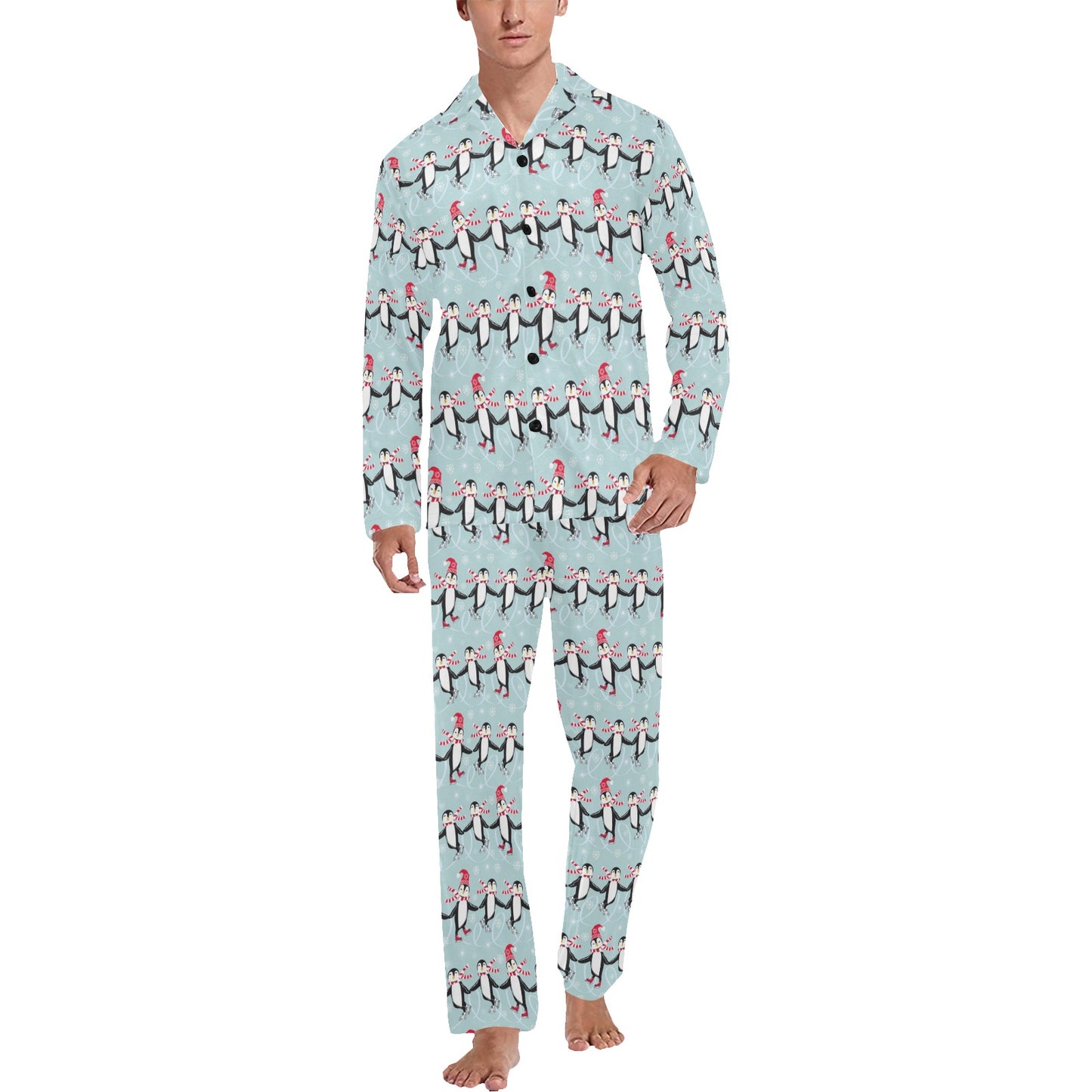 Penguin Sking Design Men's Long Pajama Set