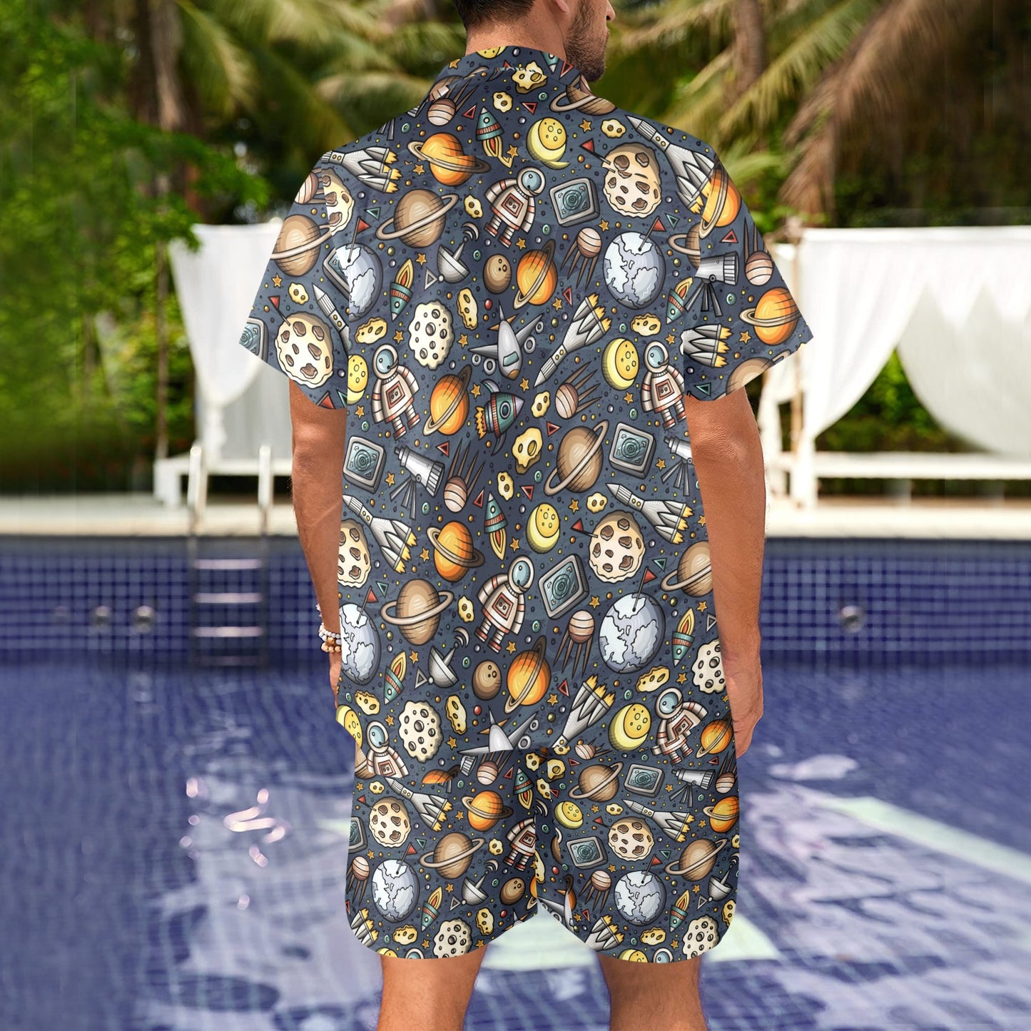 Space Pattern Print Men's Beach Shirt and Shorts Set