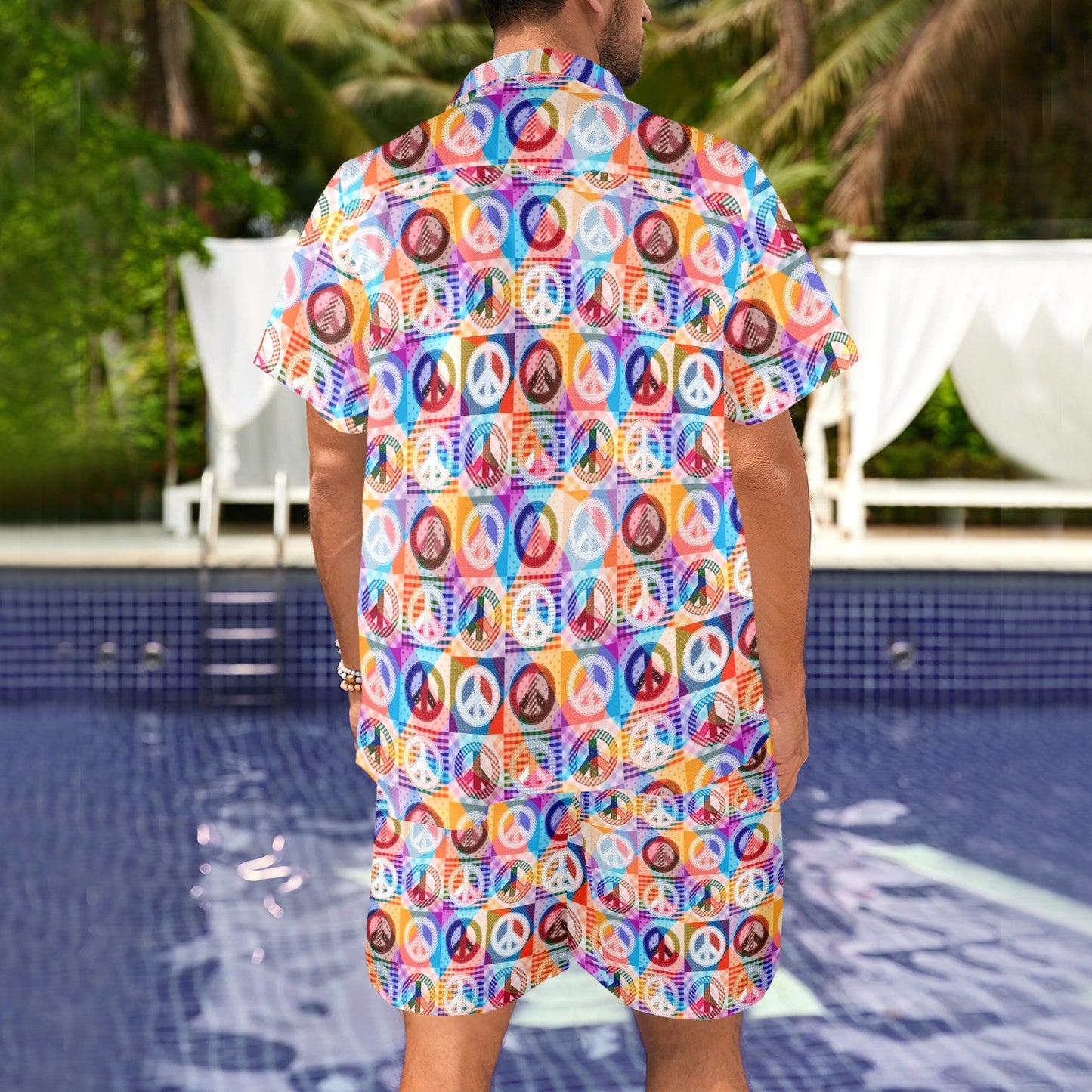 Peace Sign Patchwork Design Print Men's Beach Shirt and Shorts Set