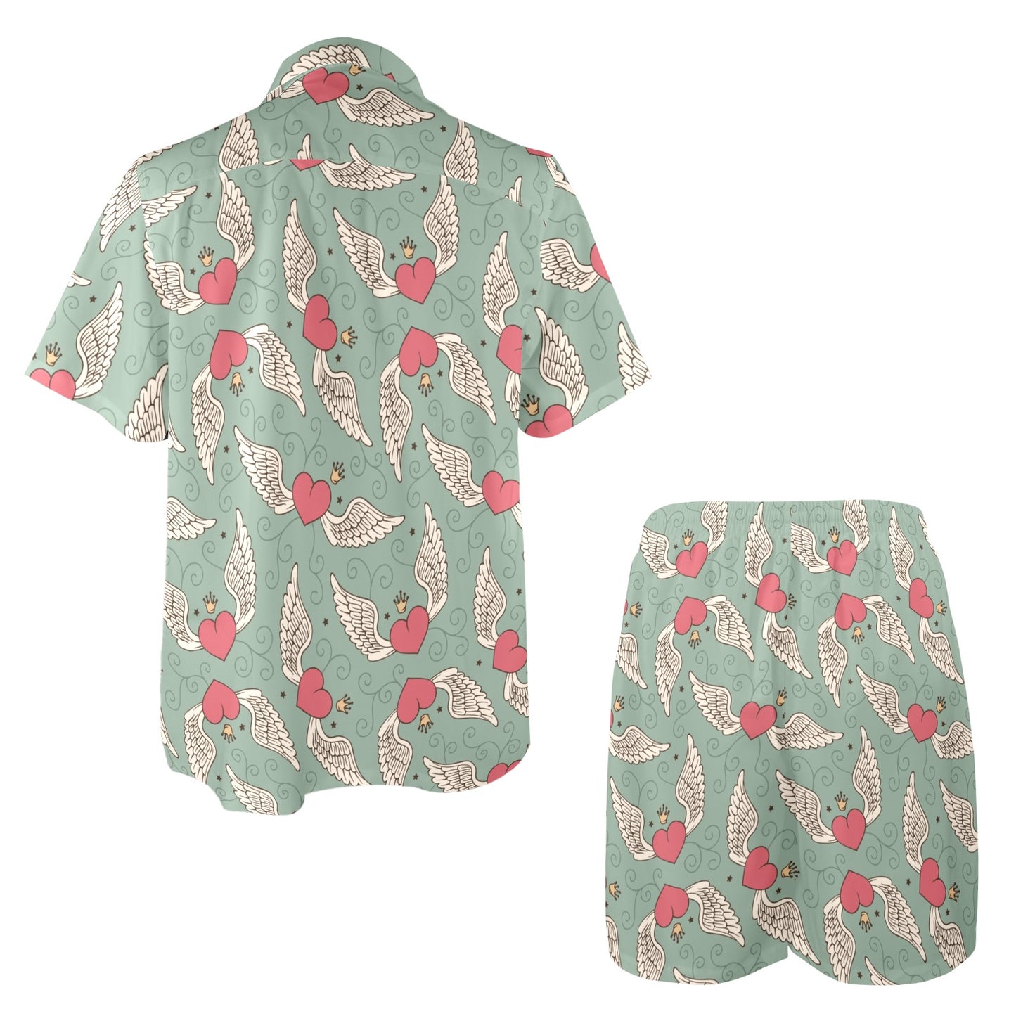Angel Wings Heart Design Themed Print Men's Beach Shirt and Shorts Set