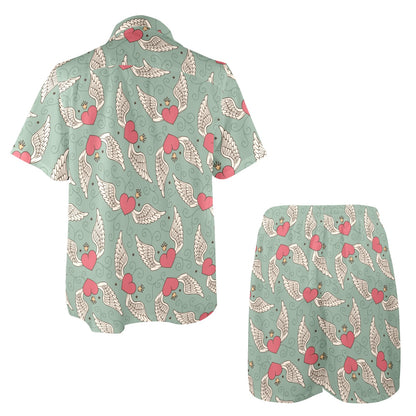 Angel Wings Heart Design Themed Print Men's Beach Shirt and Shorts Set