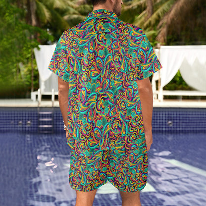 Psychedelic Trippy Floral Design Men's Beach Shirt and Shorts Set