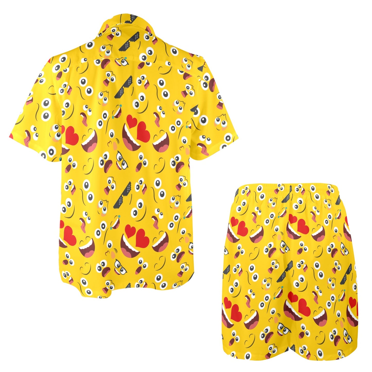 Emoji Face Print Pattern Men's Beach Shirt and Shorts Set