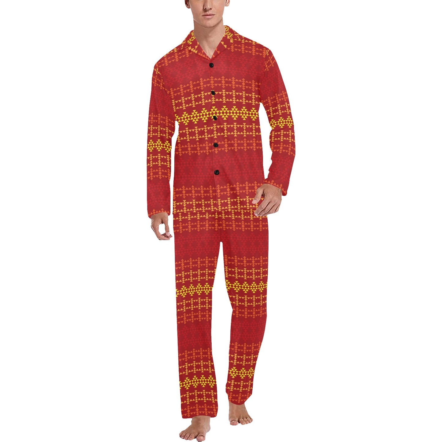 Southwest Red Gold Design Themed Print Men's Long Pajama Set