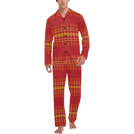 Southwest Red Gold Design Themed Print Men's Long Pajama Set