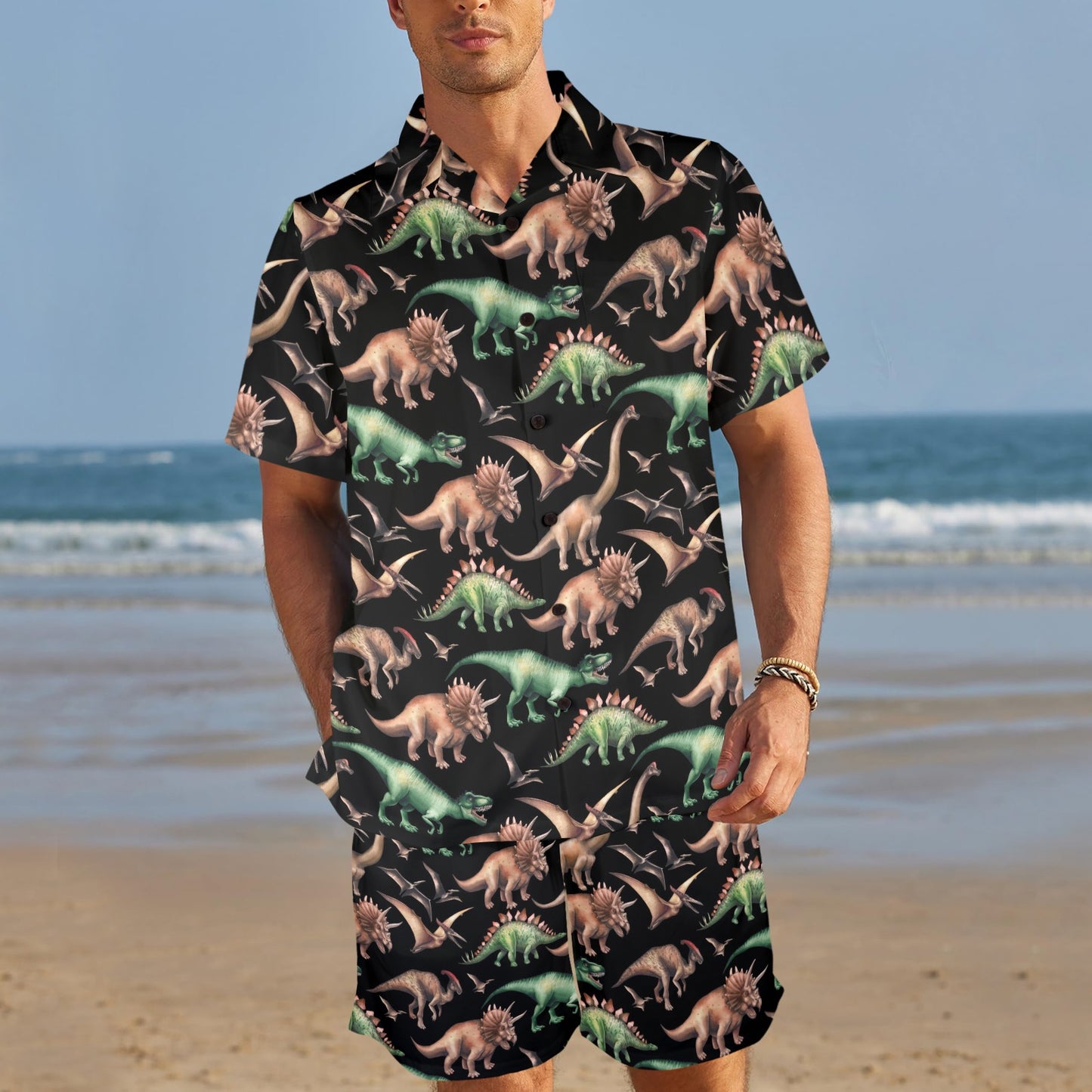 Dinosaur Print Pattern Men's Beach Shirt and Shorts Set
