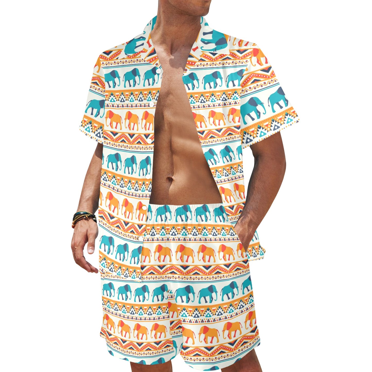 Elephant Aztec Ethnic Print Pattern Men's Beach Shirt and Shorts Set