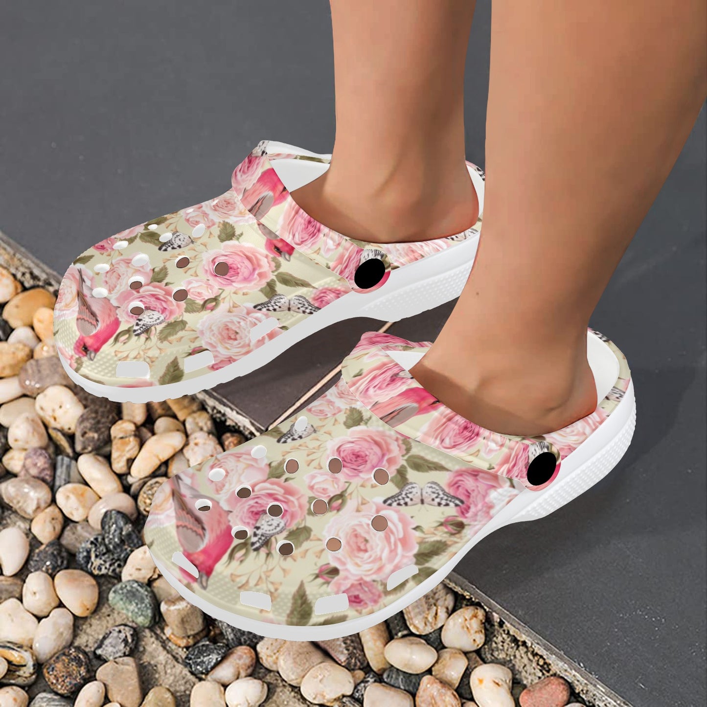 Bird Butterfly Pink Flower Print Pattern Unisex Clogs Shoes