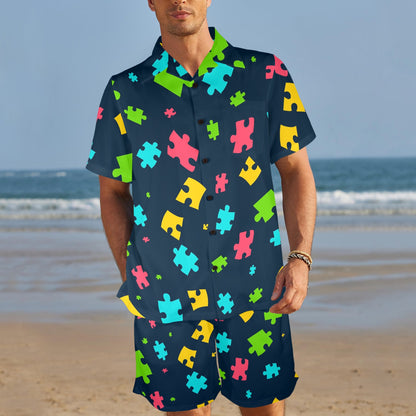 Autism Awareness Colorful Design Print Men's Beach Shirt and Shorts Set