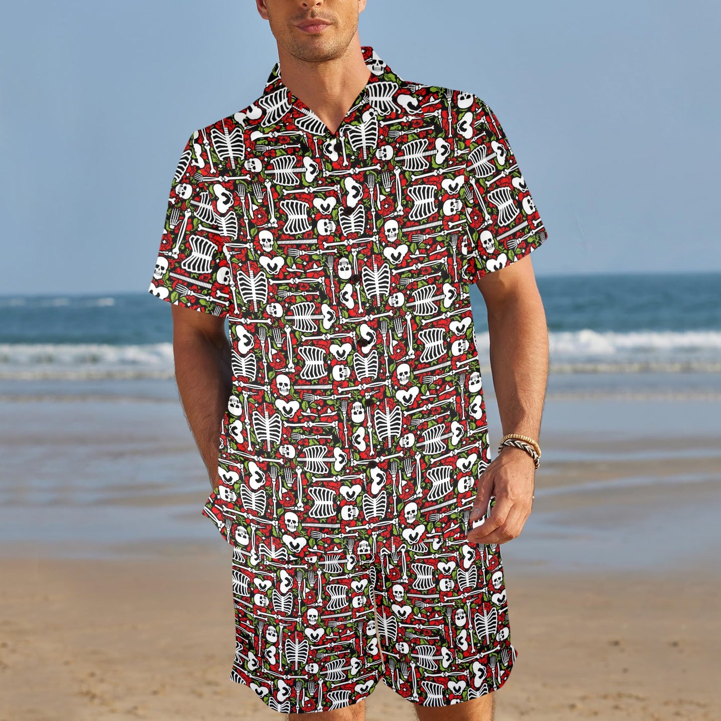 Skeleton Pattern Print Men's Beach Shirt and Shorts Set