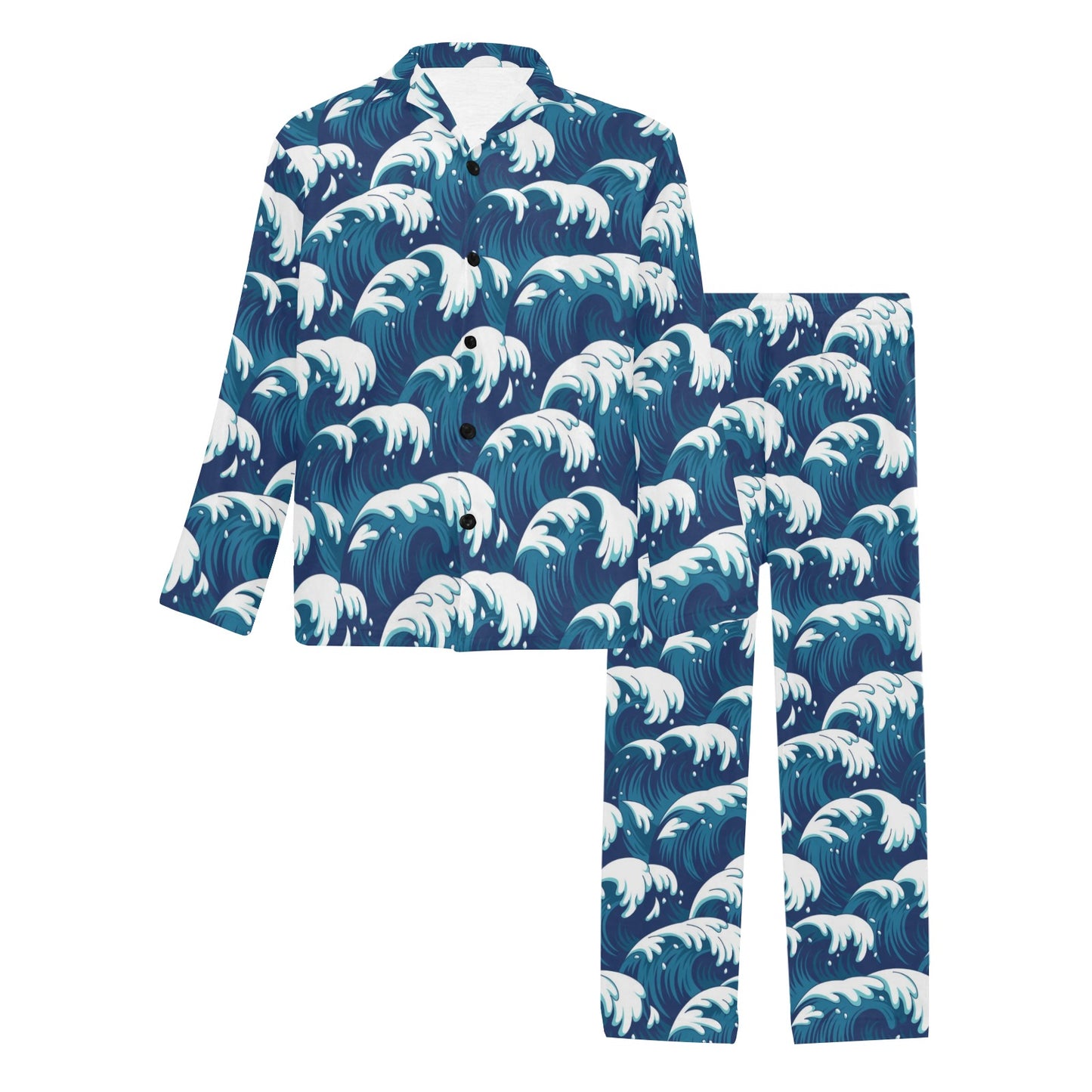 Ocean Wave Pattern Print Men's Long Pajama Set