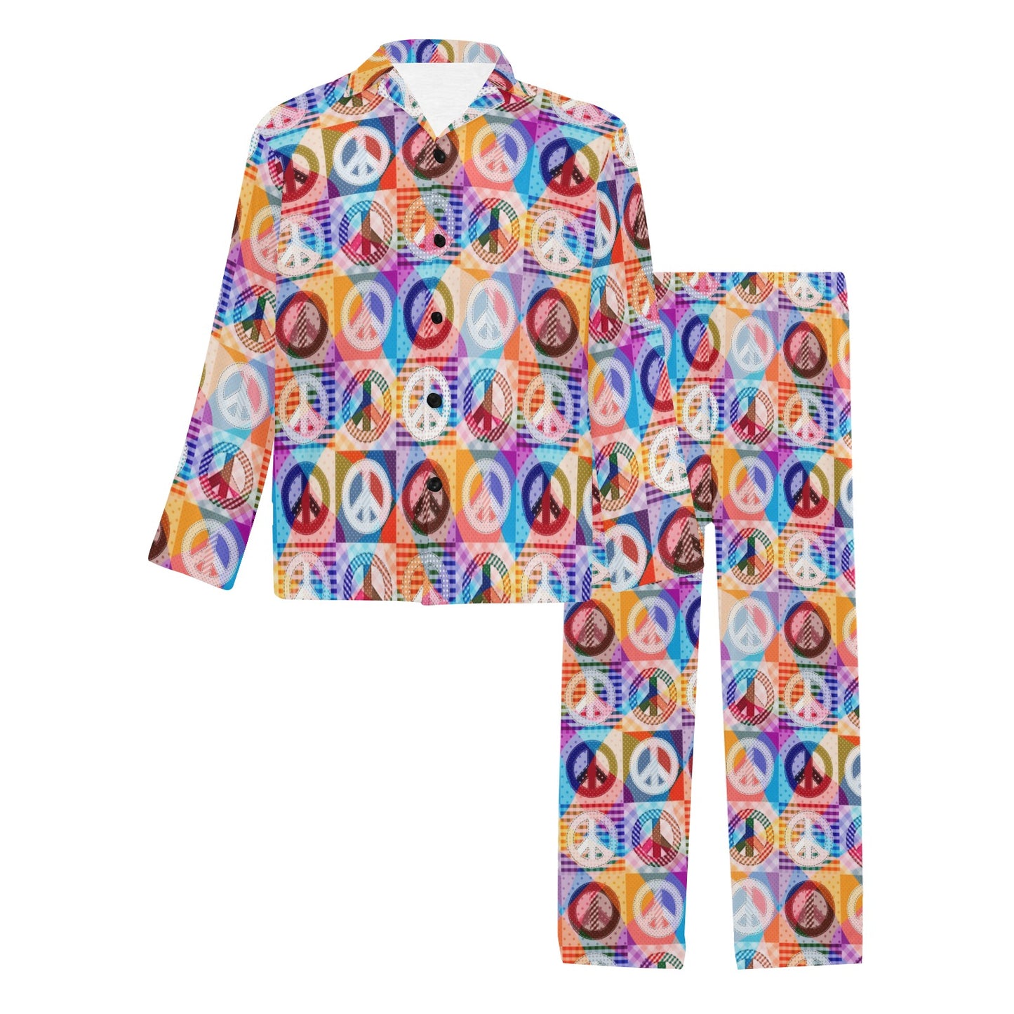 Peace Sign Patchwork Design Print Men's Long Pajama Set