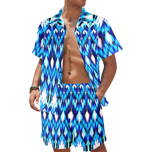 Ikat Blue Pattern Print Design 01 Men's Beach Shirt and Shorts Set