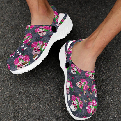 Sugar Skull Pink Rose Themed Print Unisex Clogs Shoes