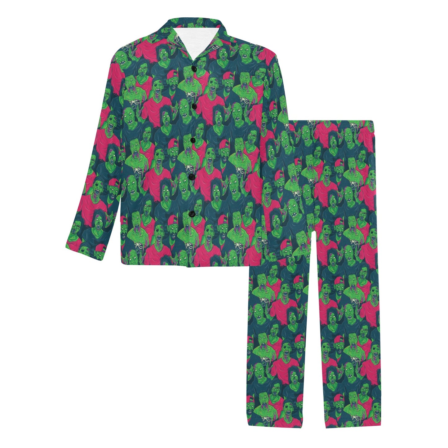 Zombie Themed Design Pattern Print Men's Long Pajama Set