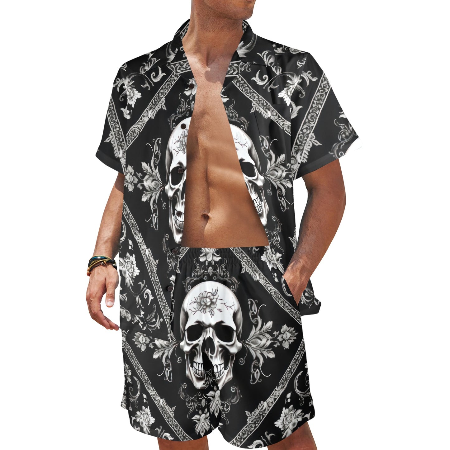 Bandana Black Style with Skull Men's Beach Shirt and Shorts Set
