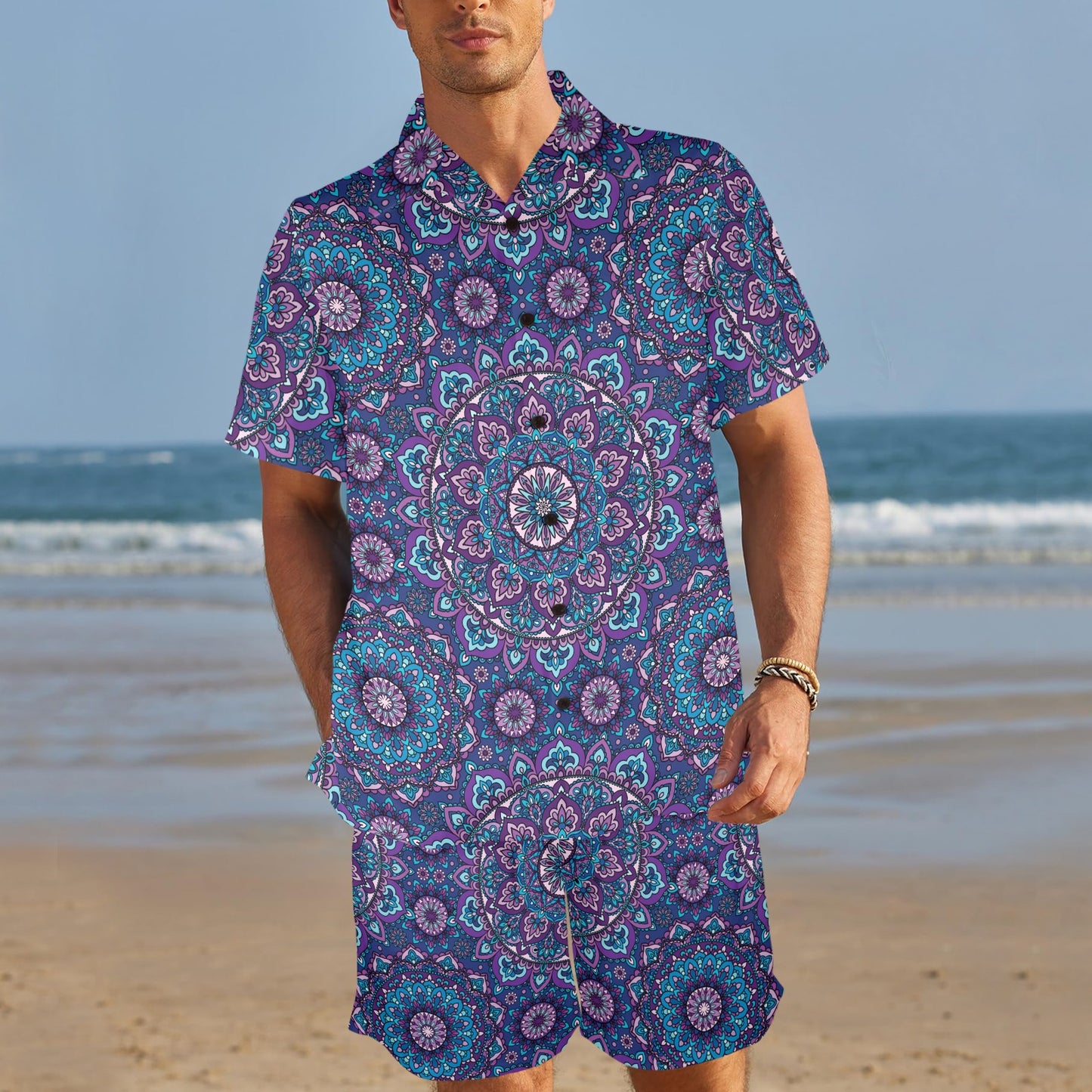 Medallion Pattern Print Design 05 Men's Beach Shirt and Shorts Set