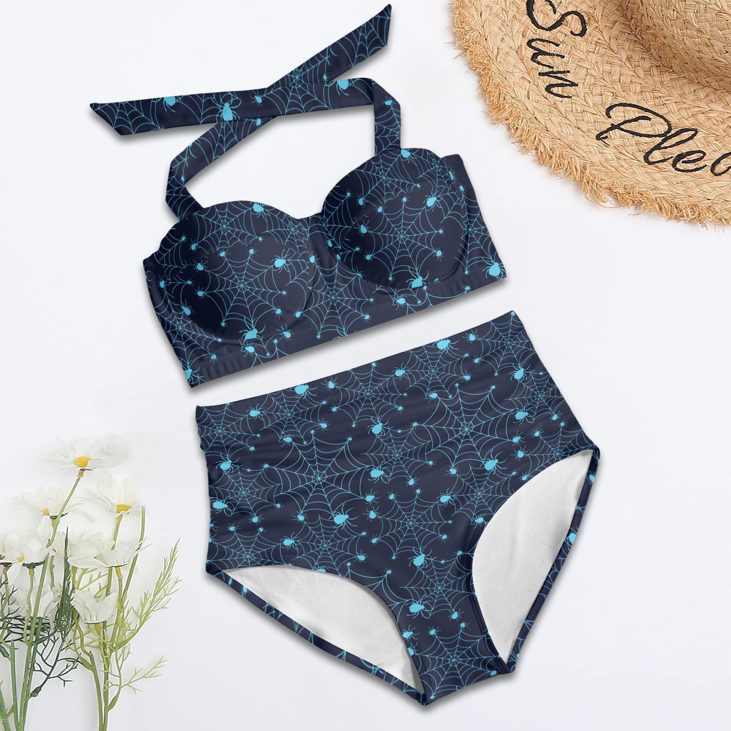 Spider Web Blue Print Design LKS304 Halter Neck Bikini Swimsuit