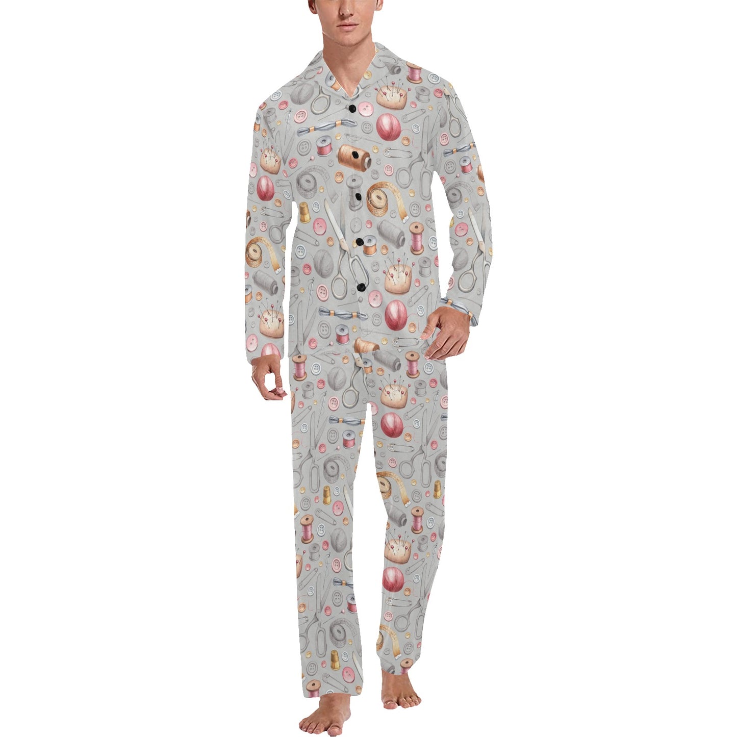 Sewing Equipment Print Design LKS302 Men's Long Pajama Set