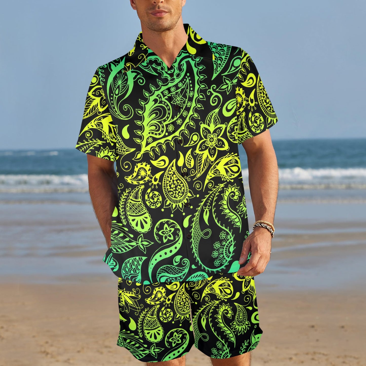 Paisley Green Design Print Men's Beach Shirt and Shorts Set