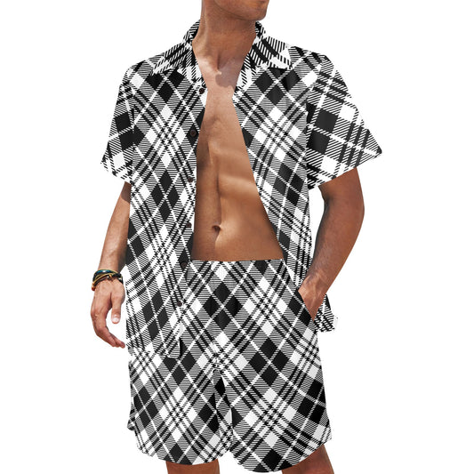 Plaid Black White Pattern Print Design A02 Men's Beach Shirt and Shorts Set