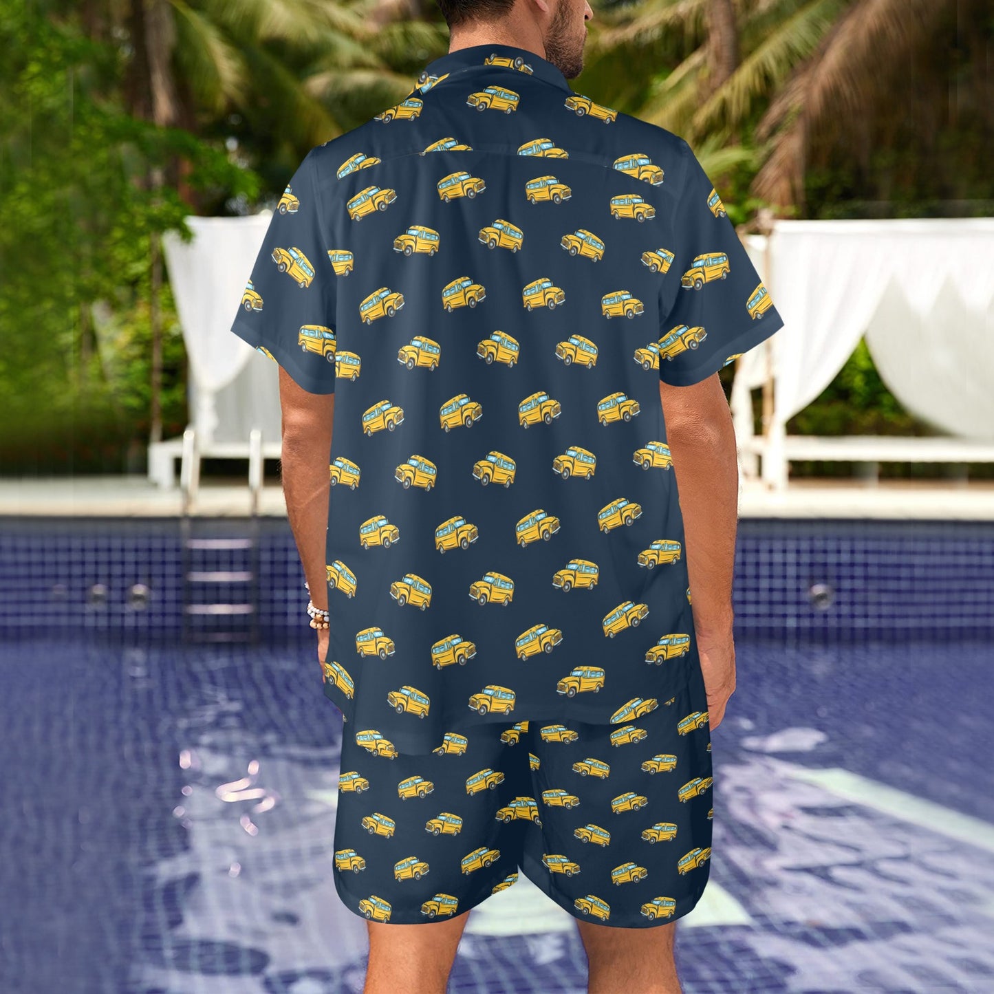 School Bus Print Design LKS304 Men's Beach Shirt and Shorts Set