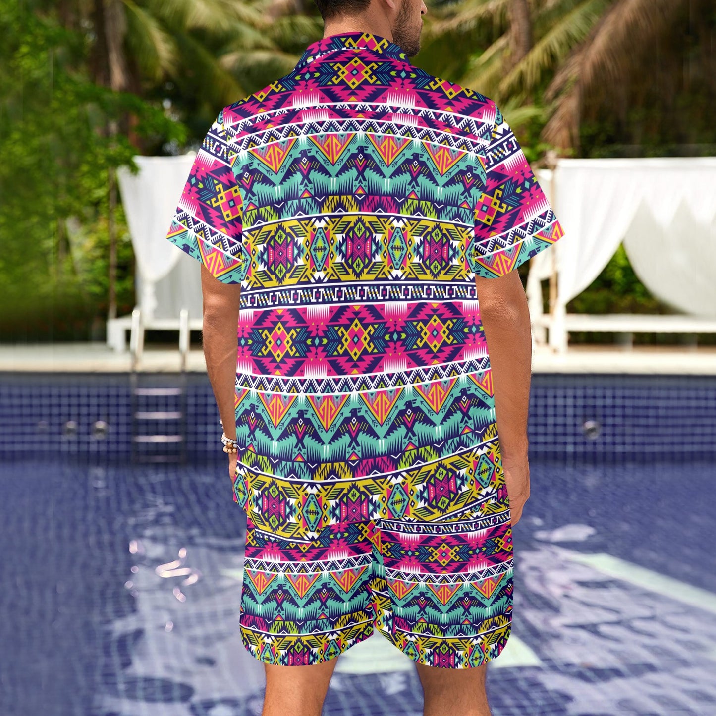 Indian Navajo Color Themed Design Print Men's Beach Shirt and Shorts Set
