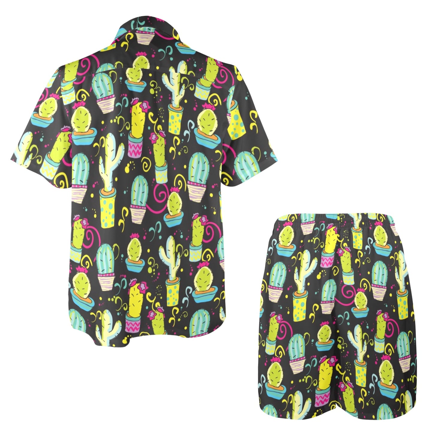 Cactus Neon Style Print Pattern Men's Beach Shirt and Shorts Set