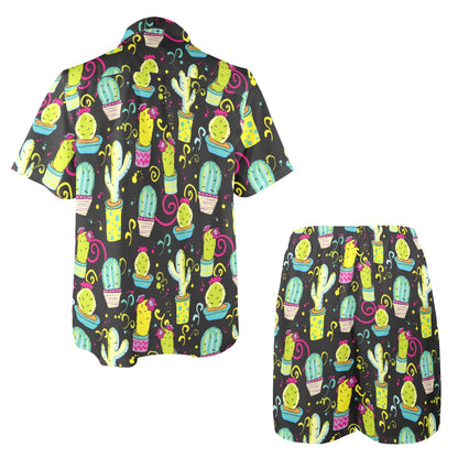Cactus Neon Style Print Pattern Men's Beach Shirt and Shorts Set