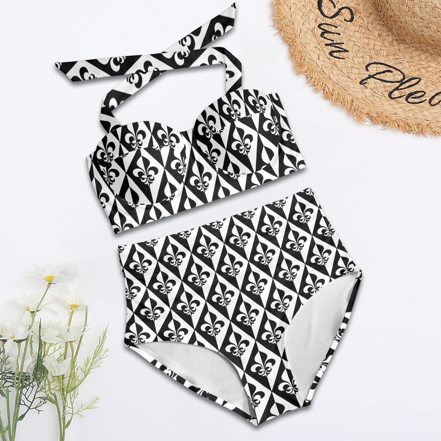 Fleur De Lis Black White Pattern Print Design 02 Halter Neck Bikini Swimsuit