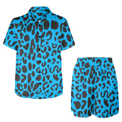 Cheetah Blue Print Pattern Men's Beach Shirt and Shorts Set