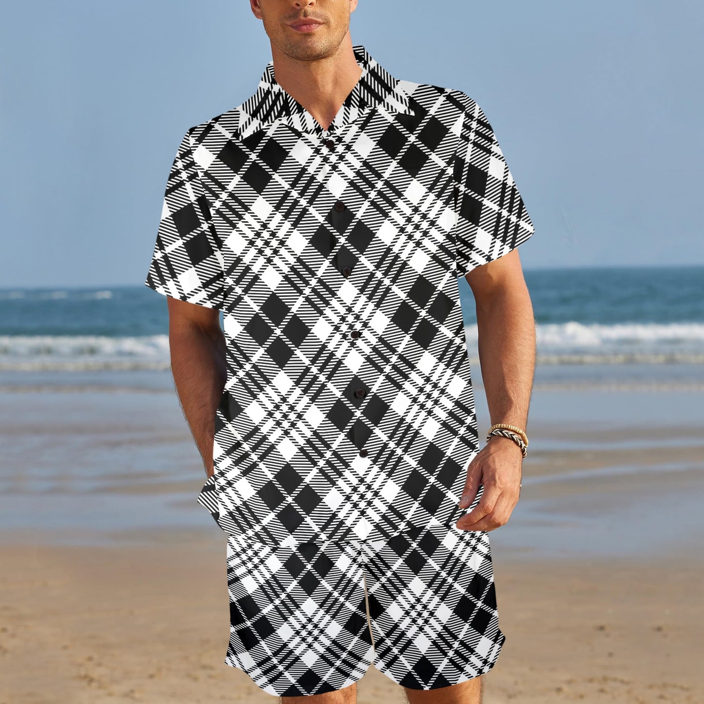 Plaid Black White Pattern Print Design A02 Men's Beach Shirt and Shorts Set
