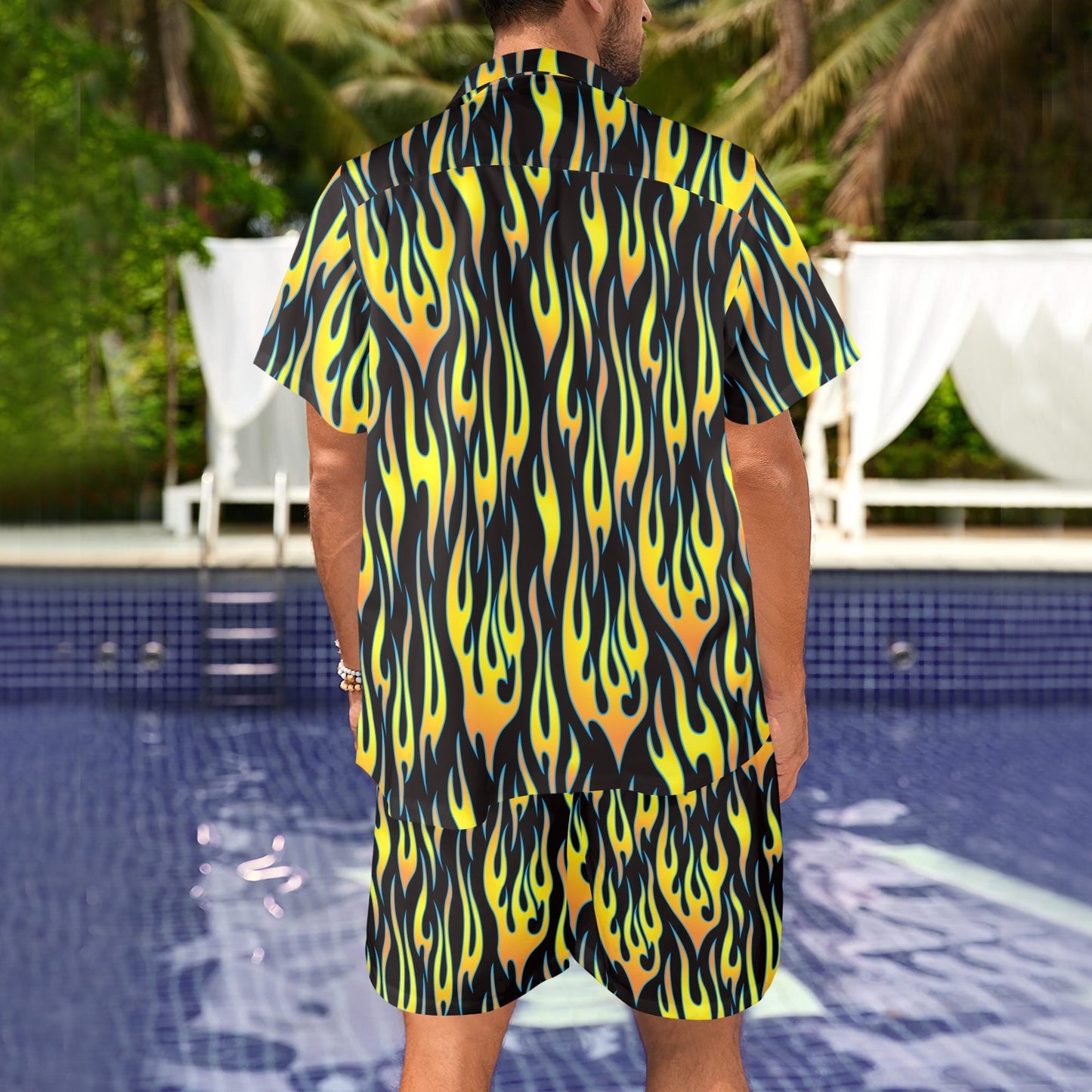 Flame Fire Yellow Pattern Men's Beach Shirt and Shorts Set