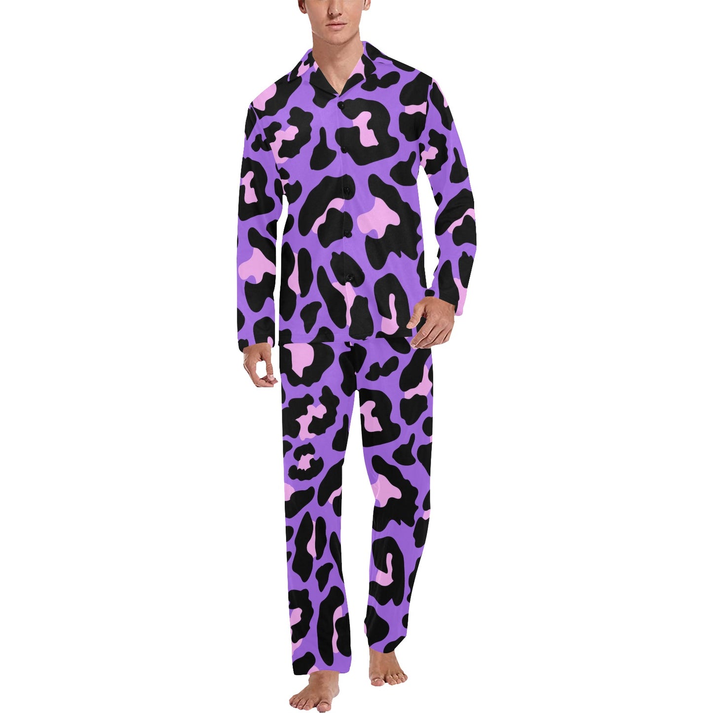 Cheetah Purple Neon Print Pattern Men's Long Pajama Set